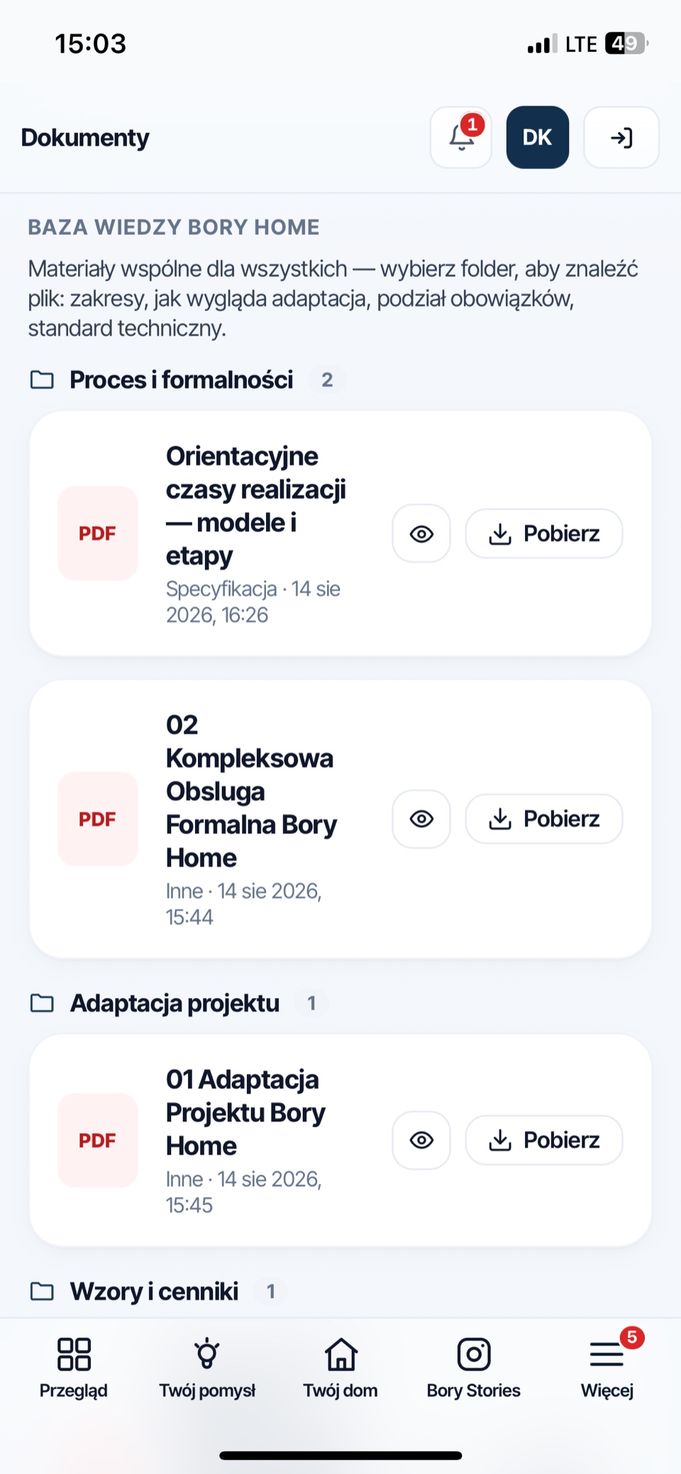 Ekran dokumentów — baza wiedzy Bory Home z folderami materiałów