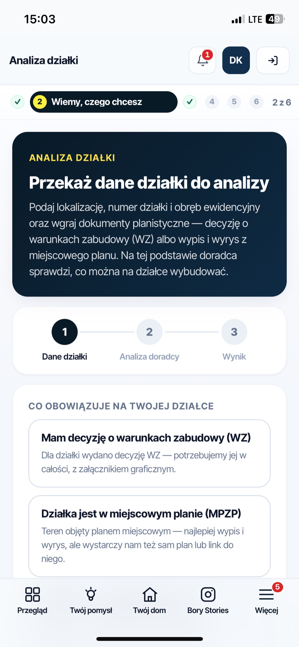 Ekran analizy działki — dane działki i dokumenty planistyczne