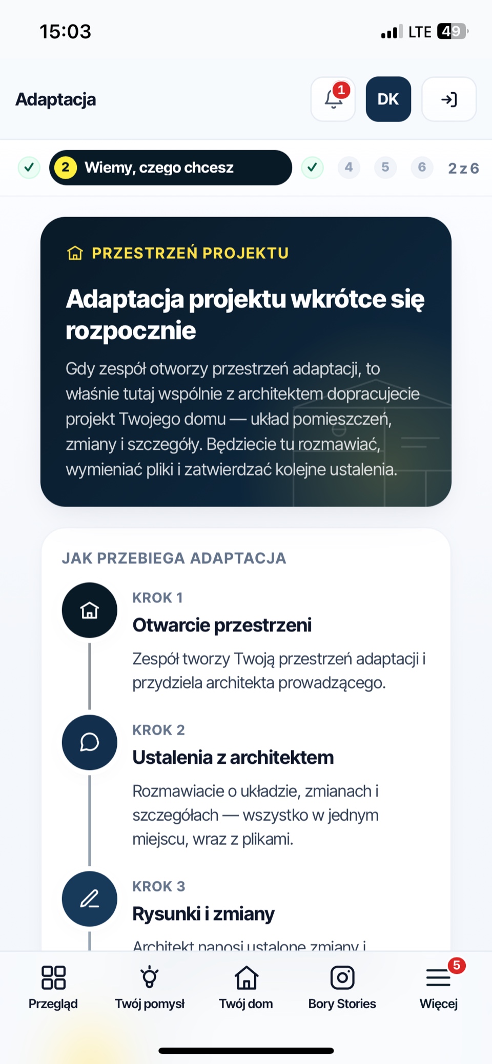 Ekran adaptacji projektu — kroki uzgodnień z architektem