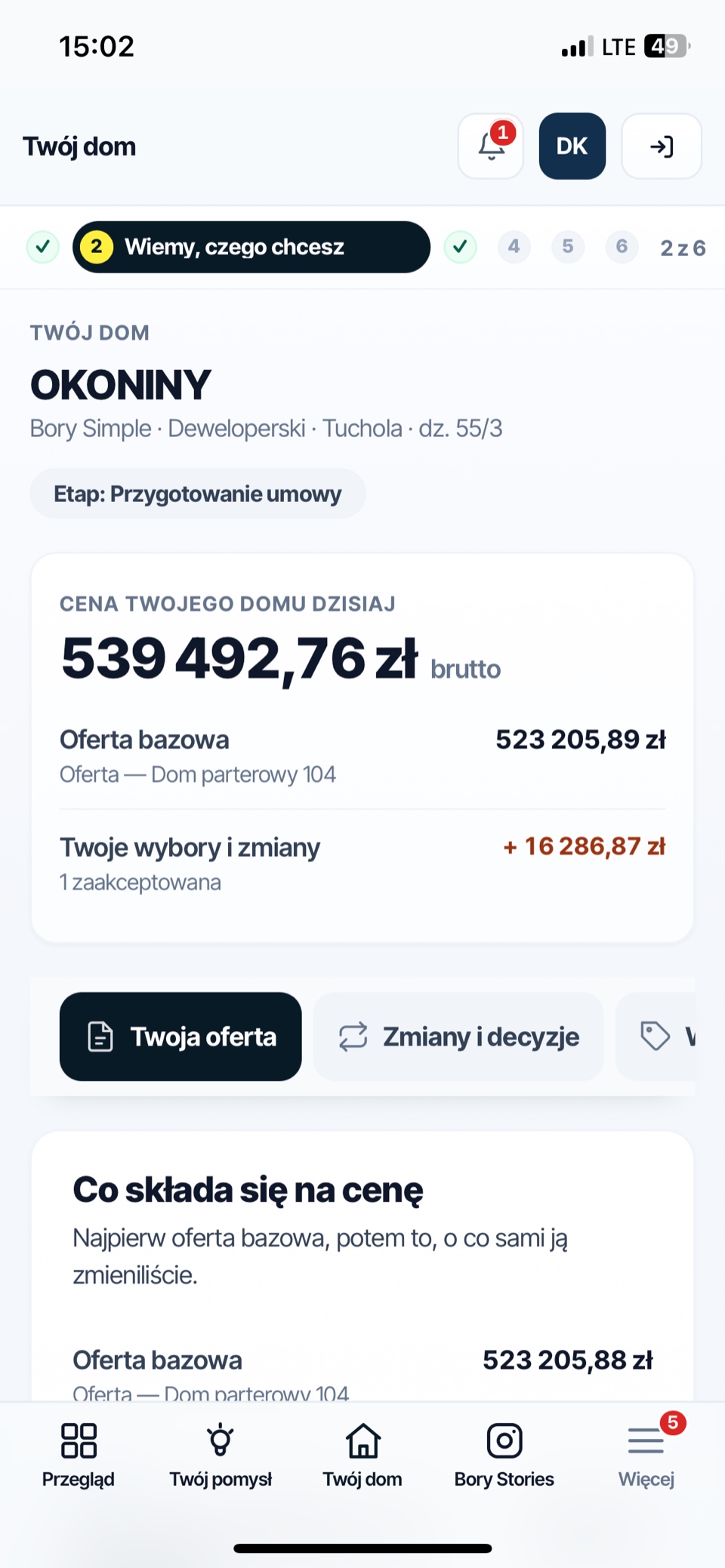 Ekran „Twój dom” — aktualna cena domu z rozbiciem na ofertę i zmiany